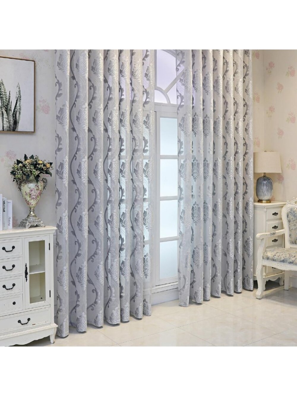 Elegant Grey Floral Sheer Curtains, Retro Damask Voile Drapes, Light Filtering